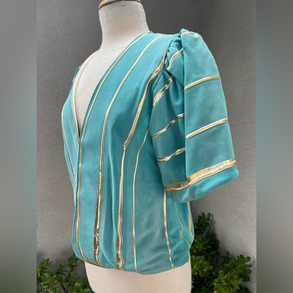 Vintage gorgeous teal suede gold silver painted jacket top belt XS Terry & Toni - Picture 7 of 13